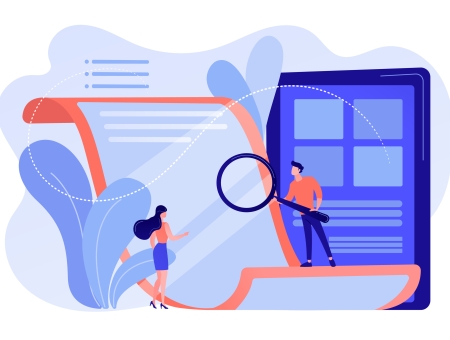 Illustration of people analyzing energy policies with a magnifying glass and documents