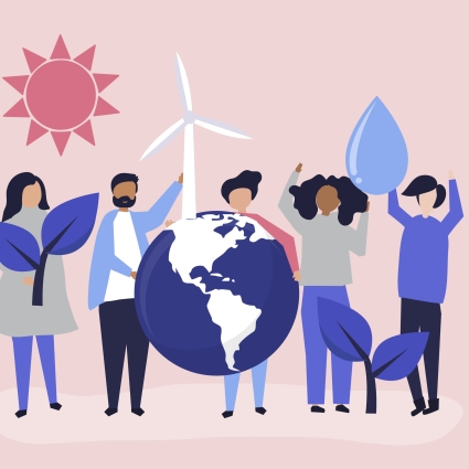 a group of people holding a globe and a wind turbine