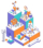 Economic business recovery isometric composition with set of tall platforms with human characters money boxes coins vector illustration