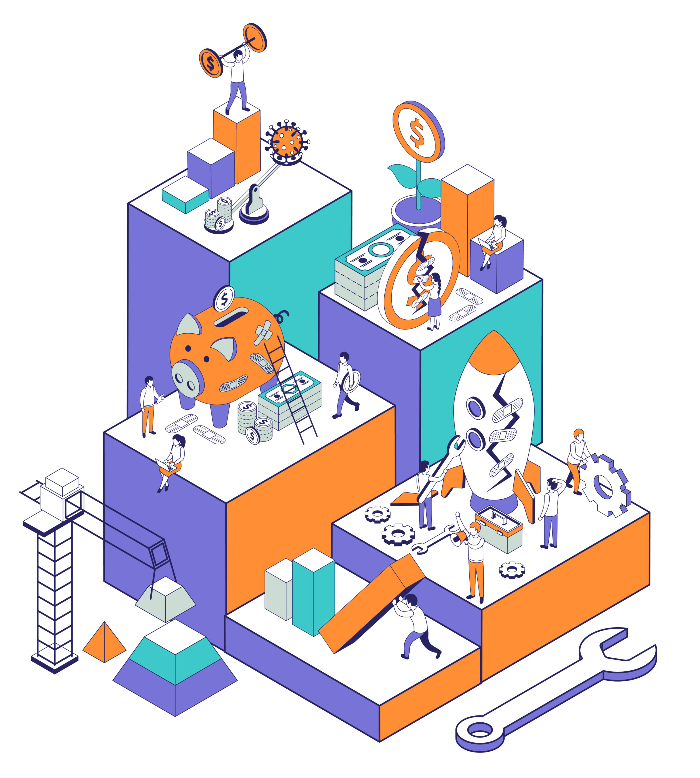 Economic business recovery isometric composition with set of tall platforms with human characters money boxes coins vector illustration